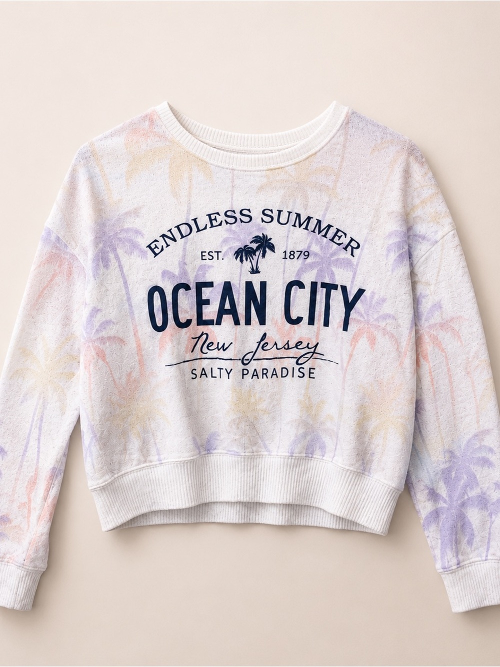 Ocean Drive White Pullover with Navy 'Ocean City' Graphic and Pastel Palm Print